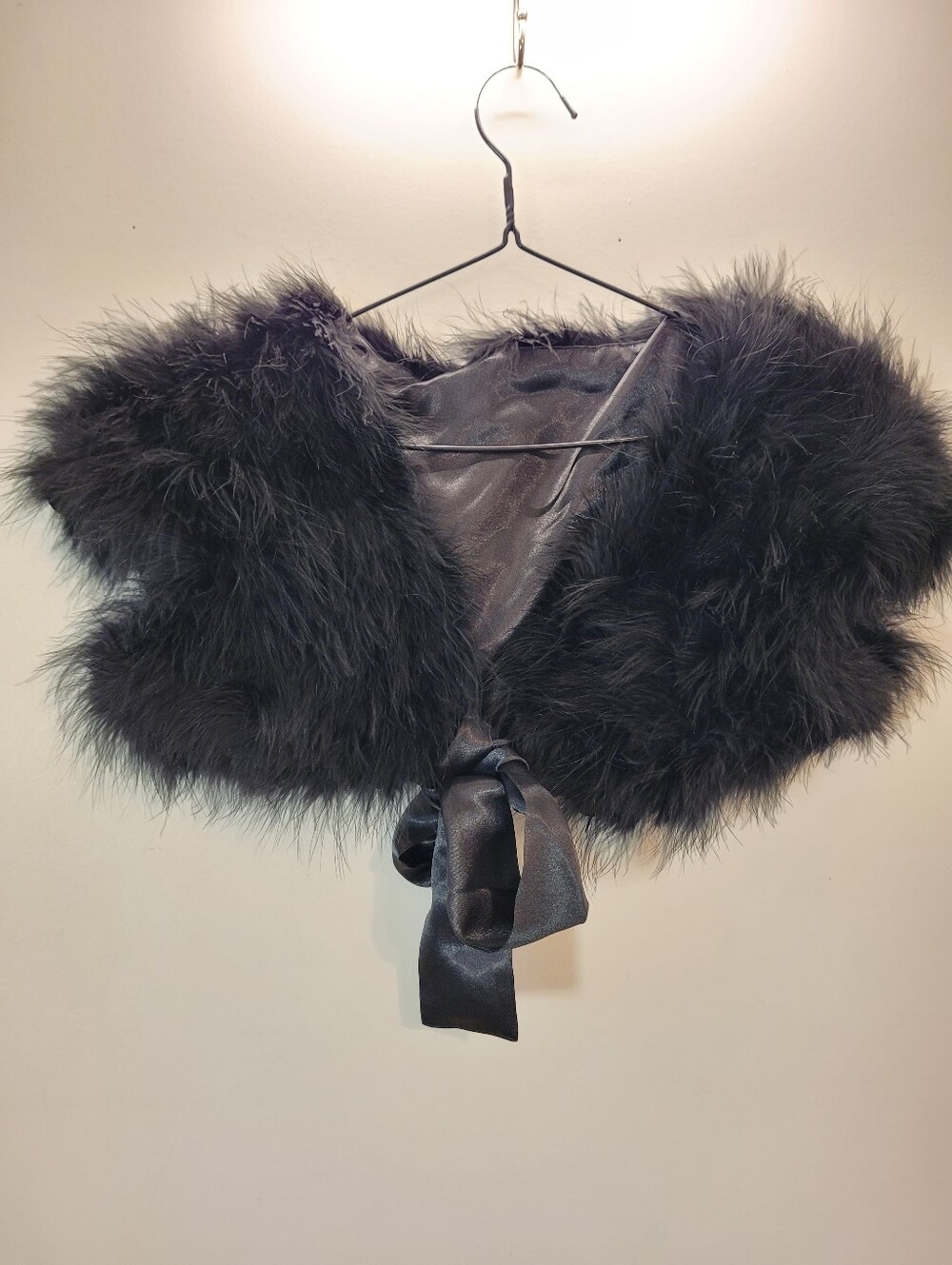 Vintage Black Real Feather Shawl Shrug with Ribbon Tie Wrap Top - S/M